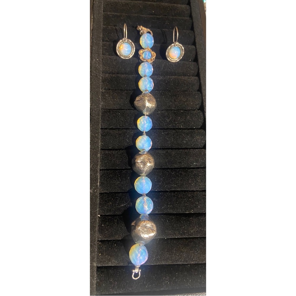 Vintage Shablool designer Sterling Silver bracelet earrings set with opal